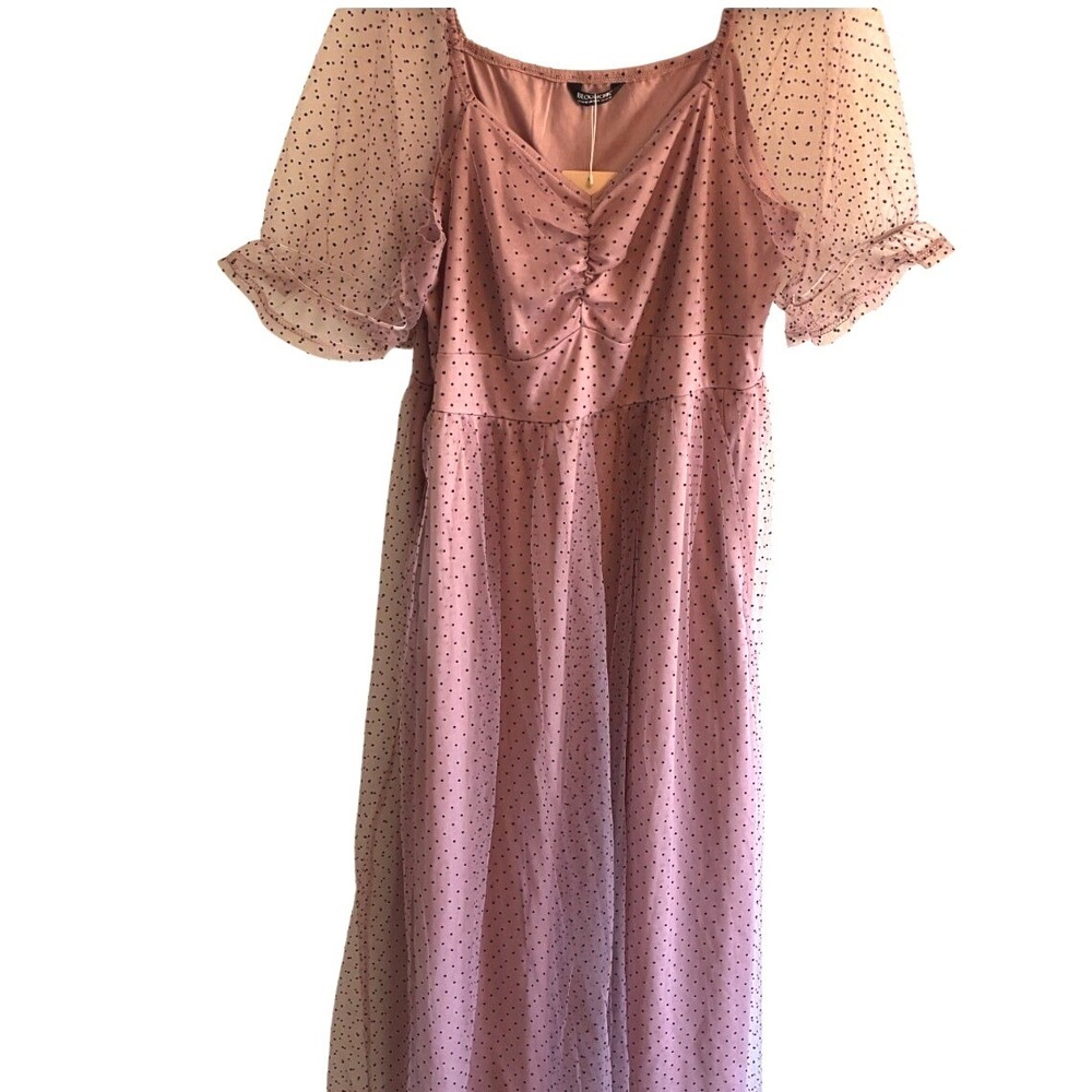 NWT BloomChic Pink Polka Dot Puff Sleeve Midi Cocktail Dress Ballet Womens 14/16